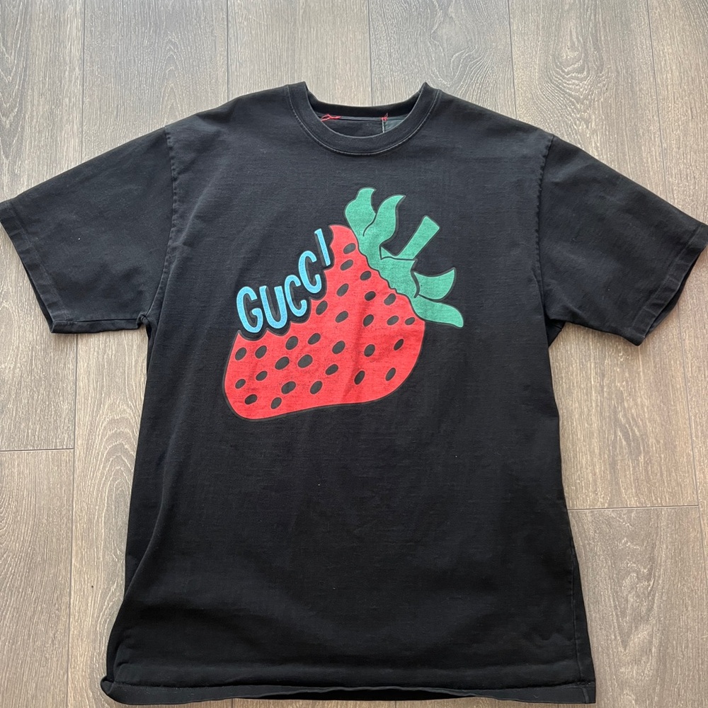 Gucci Black T-Shirt with Strawberry Graphic